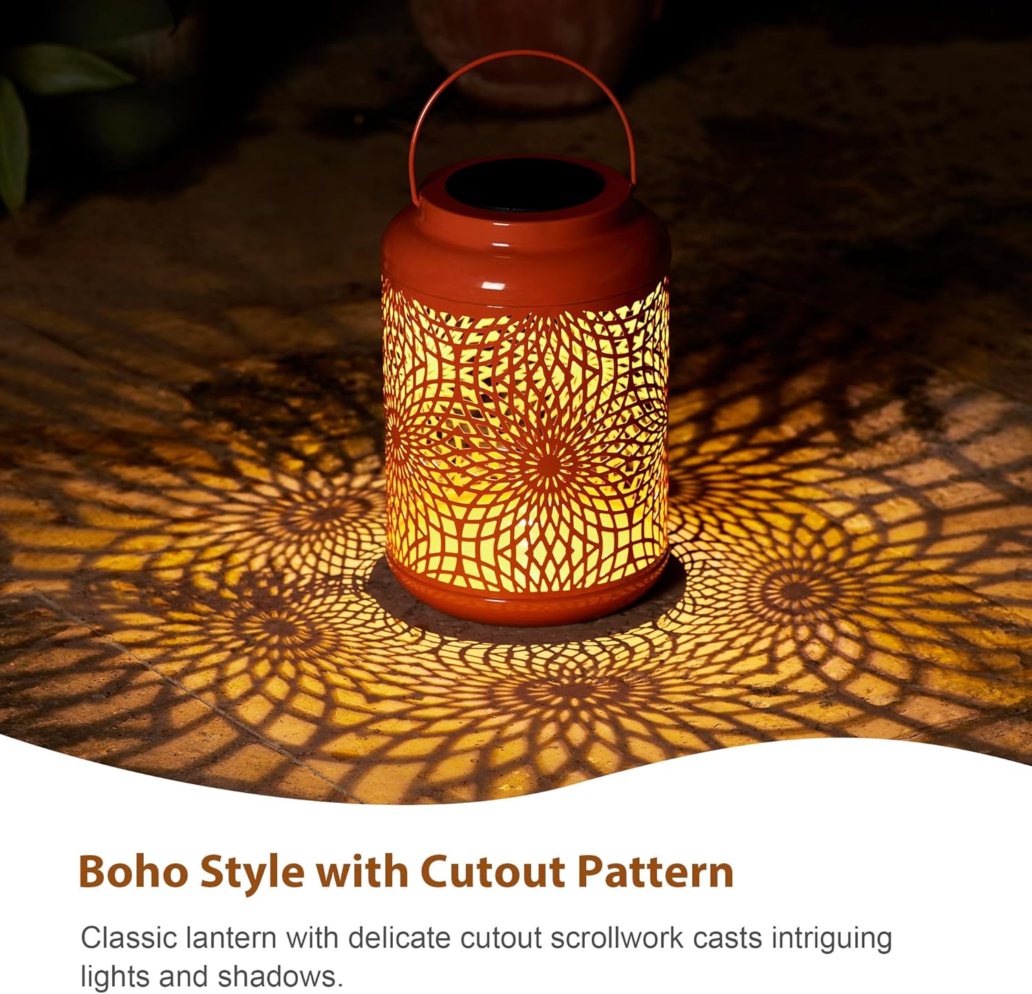 Solar Lantern Coral Pink Metal Cutout Scrollwork Outdoor Hanging Solar Light Solar Lantern Coral Pink Metal Cutout Scrollwork Outdoor Hanging Solar Light